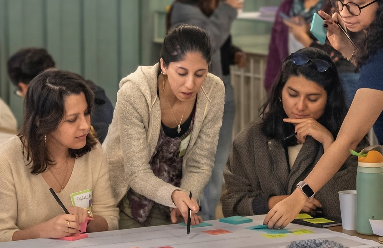 Tres personas colaborando en una mesa