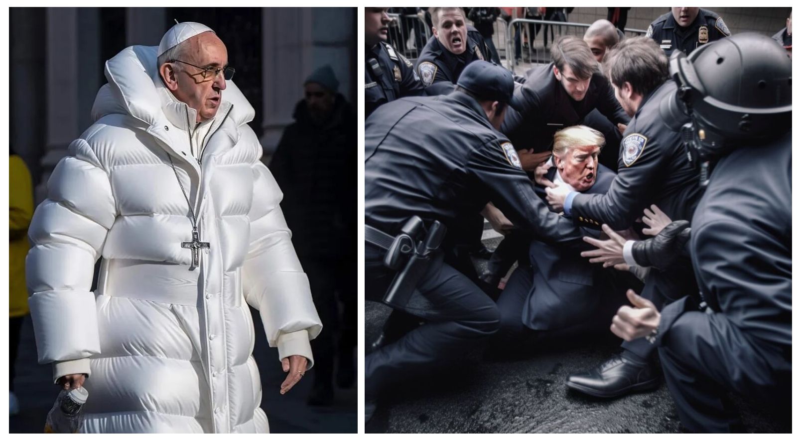 El Papa Francisco con su abrigo Balenciaga y Donald Trump arrestado por el FBI. Imágenes generadas con Midjourney.